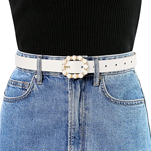 Allegra K Womens Pearl Waistband Skinny Leather Adjustable Pin Buckle Belt for Jeans Dresses Pants4
