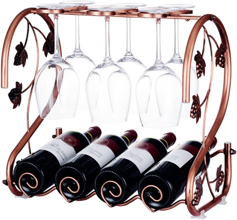 Wine Rack 2 Tier Wine Rack, Hold 4 Bottles and 6 Glasses Iron Threaded Wine Holder with Freestanding Display Shelves for Kitchen, Cabinet, Cellar, Bar Wine Bottle Holder (Size : 1) ()