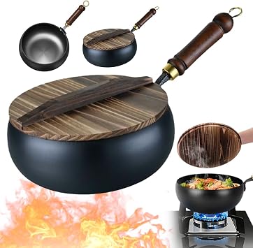 Pre Seasoned Japanese Iron Pan, Uncoated Thick Iron Pot, 9.45in Suitable for Pots On Electric Stoves, Induction Cookers And Gas Stoves Medium-with Lid