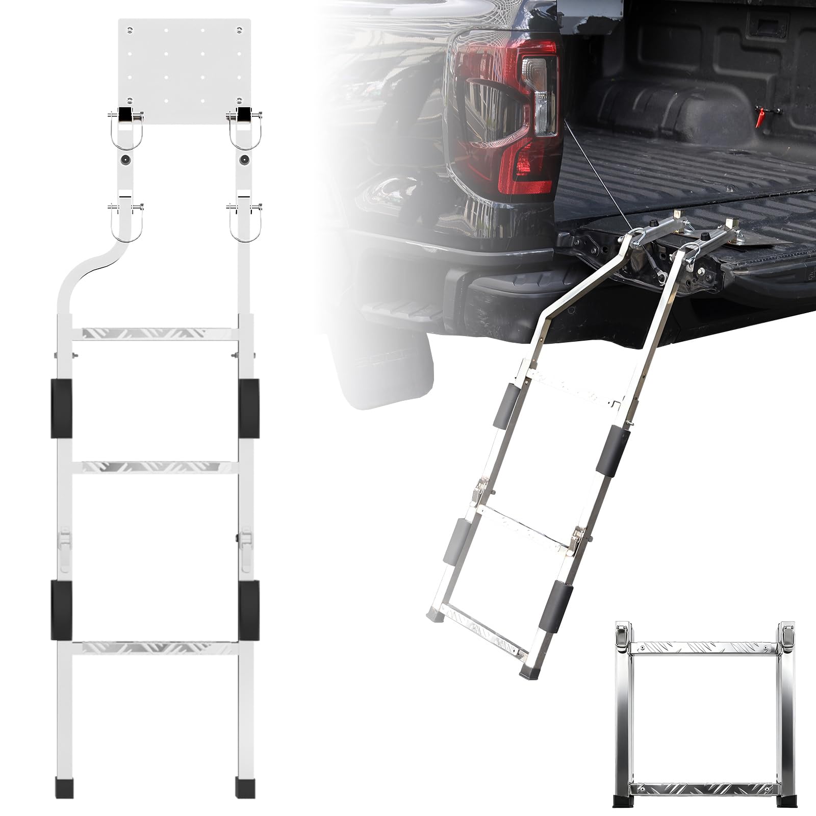 Stainless Steel Tailgate Ladder for Pickup Trucks, Foldable Heavy Duty Rear Ladder Anti-Slip Steps, Adjustable Height Universal Fit Truck Accessories for Ram Ford Chevy GMC Rustproof Easy Installation