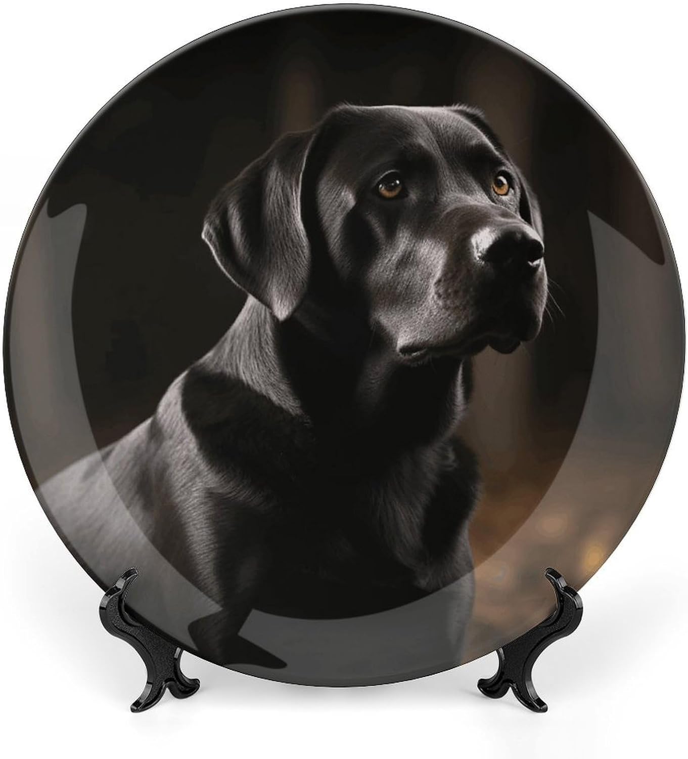 Black Labrador Bone China Decorative Plate with Display Stand, Ceramic Ornaments Plate for Wall Hanging, Personalized Porcelain Plates for Office, Living Room 8inch