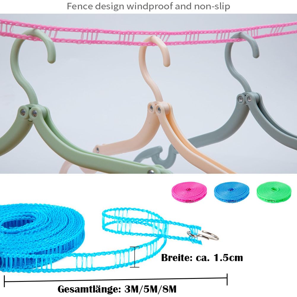Wäscheleinen 6 Stück rutschfeste Trockenleinen mit Haken Tragbare Reisewäscheleine Doppel Wäscheleine Winddichte Kleiderleine für Kleiderbügel Balkon Garten Outdoor Camping Reisen (8 M)