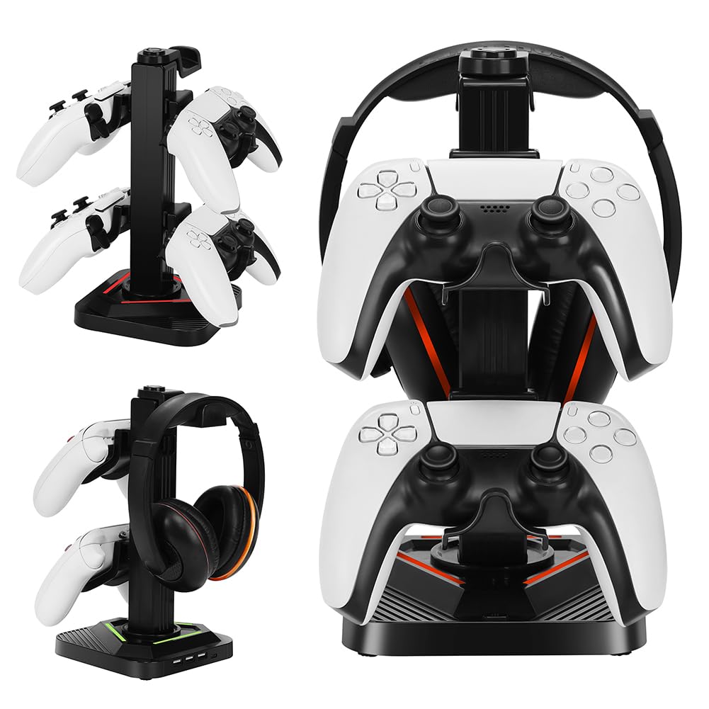 Soporte para auriculares para juegos con iluminación RGB y puertos USB para controladores universales