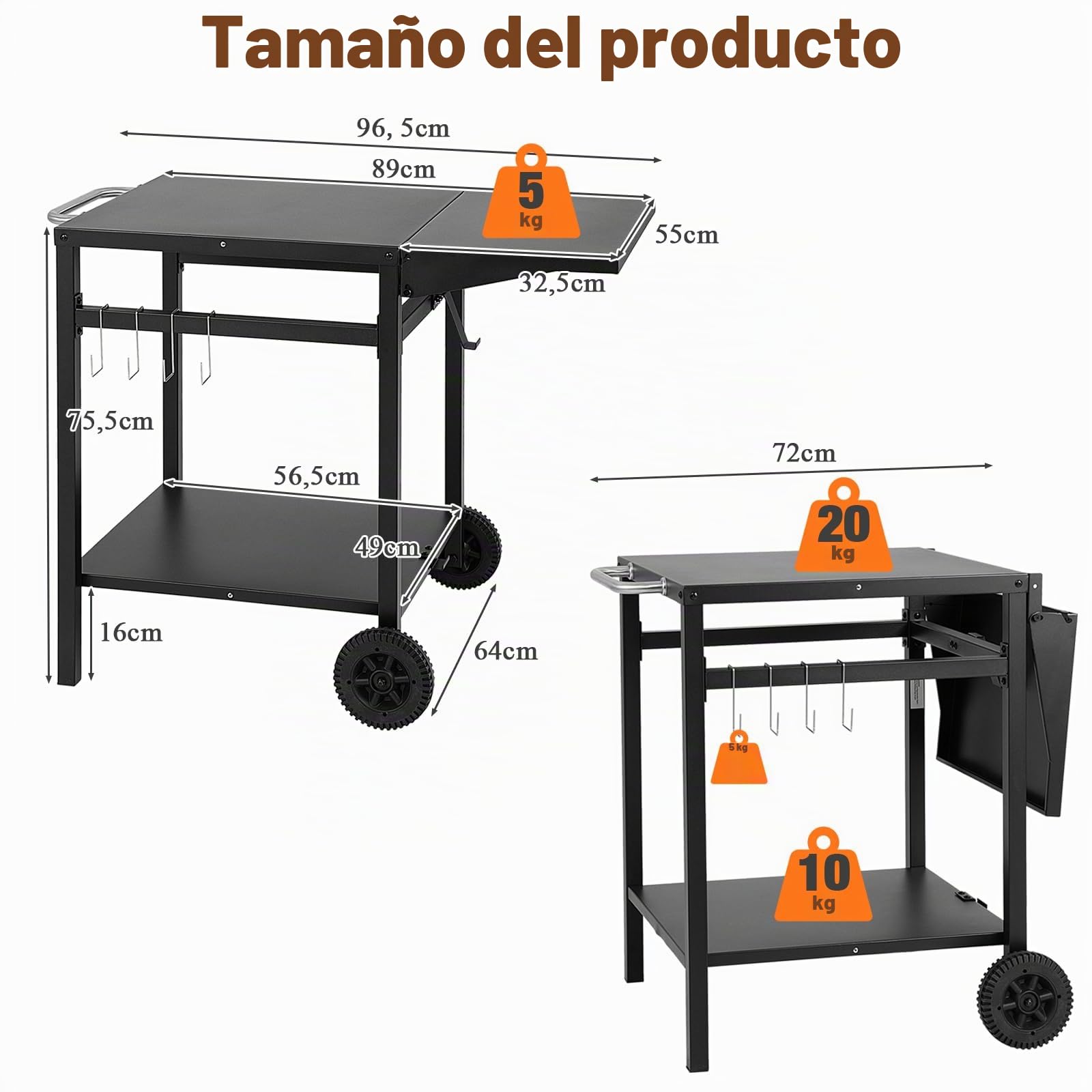 KOMFOTTEU Carro de Barbacoa con Encimera Plegable, Mesa de Preparación con 2 Ruedas y 4 Ganchos, Carrito Auxiliar de 2 Niveles con Asa Lateral, para Jardín, Patio, Terraza, 96,5 x 64 x 75,5 cm