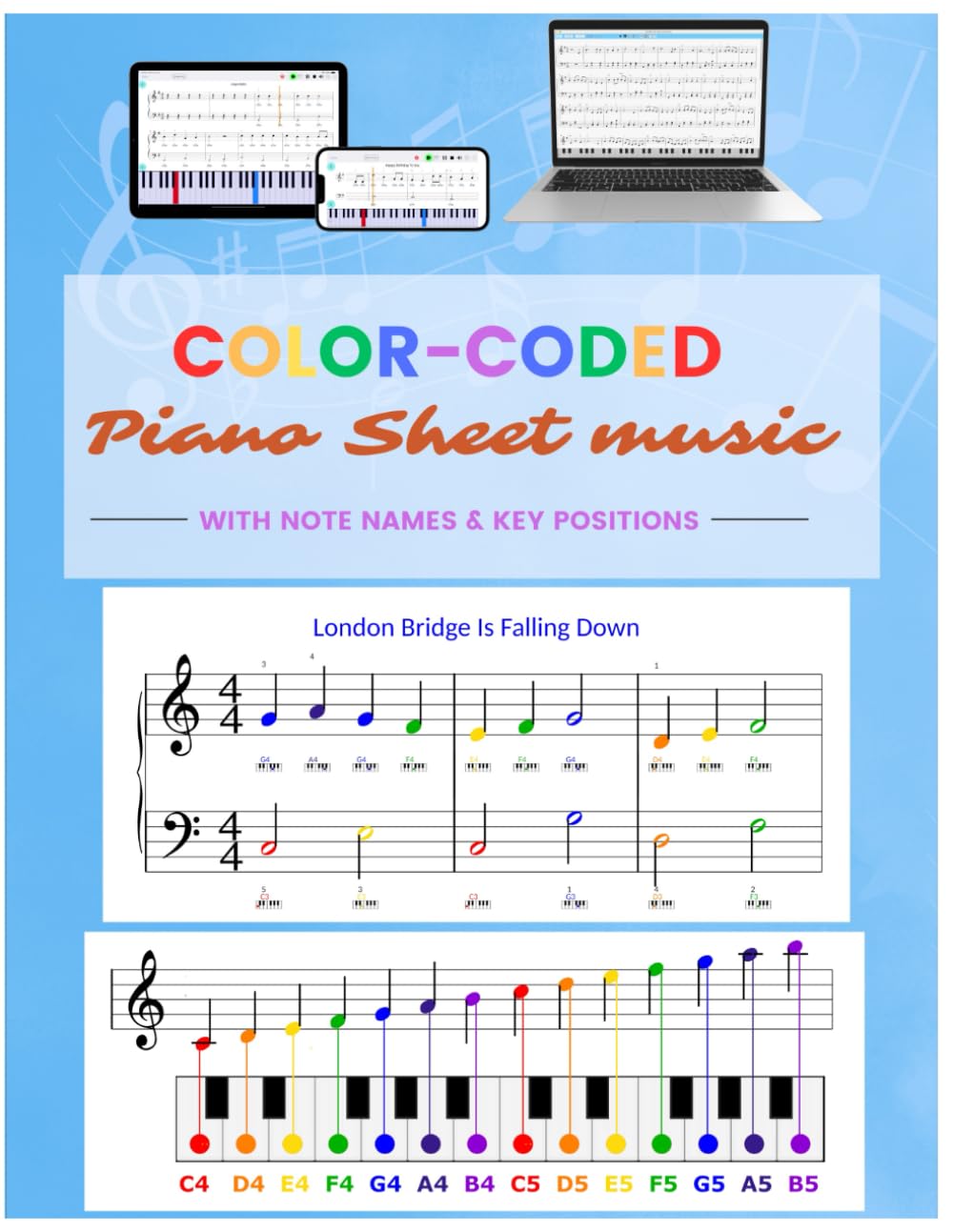Large-note color-coded simple piano sheet music with note names & key positions + APP FOR PRACTICE: Piano sheet music with colors, note names & key ... with app (iOS, Android, laptop) for practice.