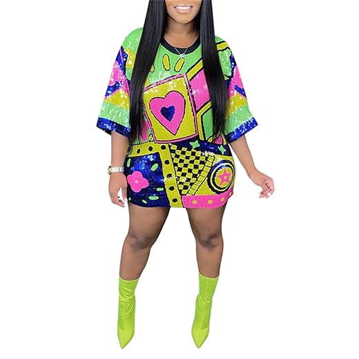 Womens Sequin Glitter Shirt Dress - Sexy Floral Letter Print 3/4 Sleeve Mini Dresses for Party Club Yellow XX-Large