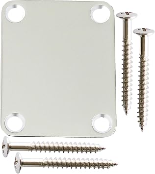 Guitar Neck Plate Neck Joint Back Mount Plate for Bolt-on Guitar | 4 Holes, Compatible with Strat Tele Style Electric Guitar or Bass Guitar Parts Replacement, 64mm x 51mm, with Screws, Chrome