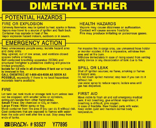 Étiquette Dimethyl Ether Brady 93527 jaune et noire 8,9x11,4 cm