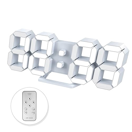 Led Digital Alarm, 3D Wall Clock Desk Auto Dimming 12/24 Hour Date Temperature Home Decor Remote Control Silent Snooze USB Nightlight Bedroom Living Room Kitchen Office 9.7inch Cool White - White - 9.7inch