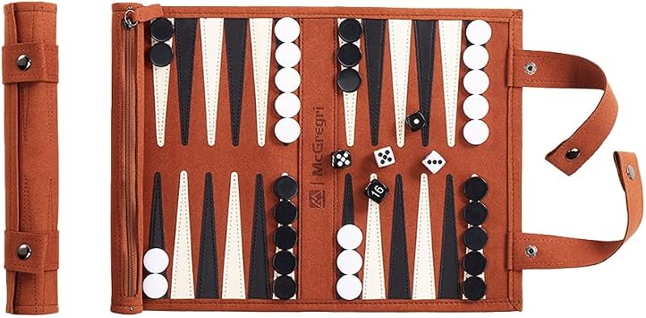 Travel Backgammon Set Roll-Up Leather Board Game Dark Brown