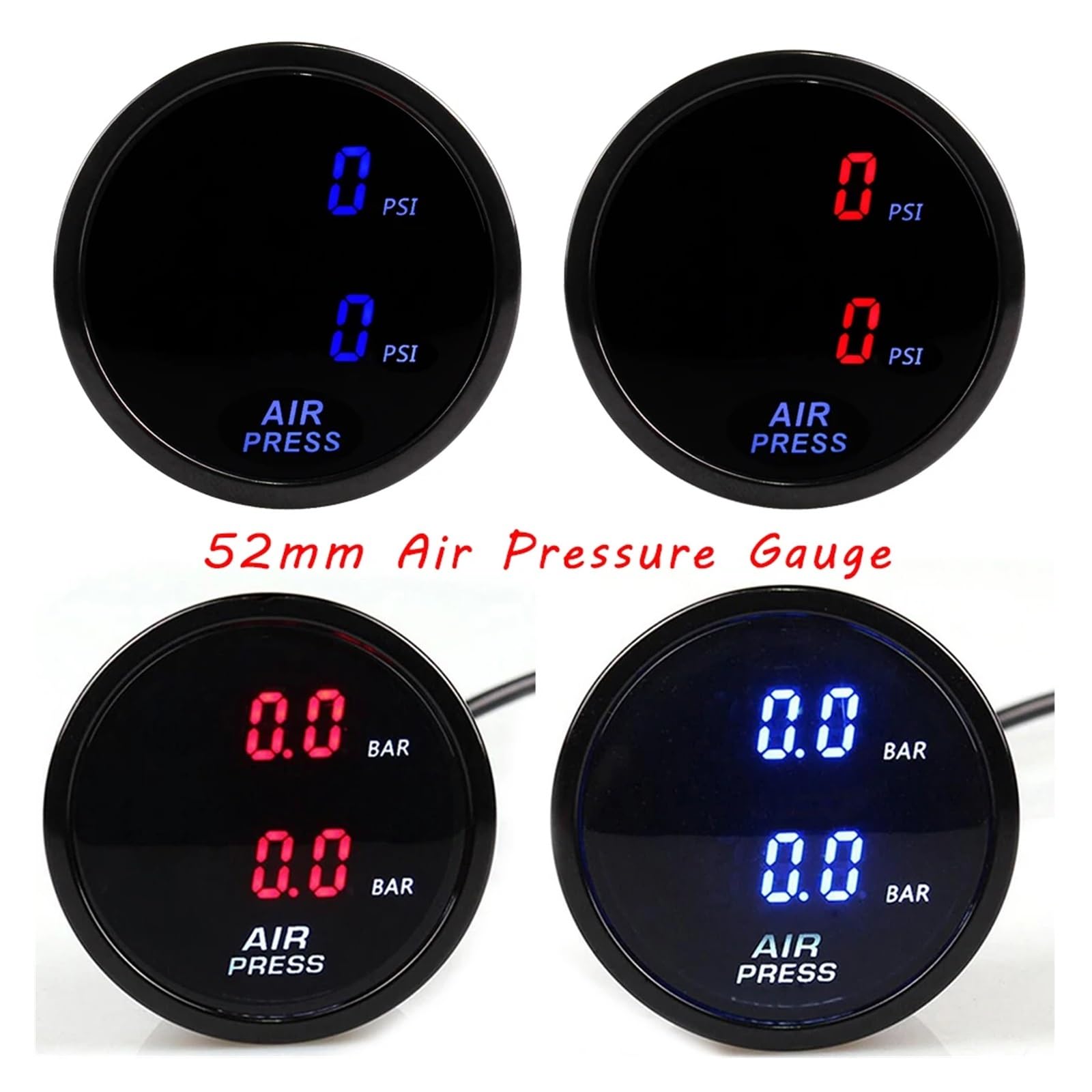 Manómetro, Medidor de presión de aire dual Lectura dual digital de 52 mm, Suspensión neumática PSI de lectura dual digital con sensores eléctricos de 2 piezas | Bar Red