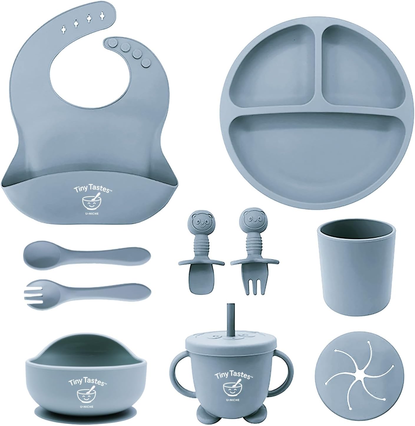 10-Piece Silicone Baby Feeding Set – BPA-Free, Spill-Proof Suction Plate, Bowl, Bib, Snack Cup & Utensils | Dishwasher Safe, Baby Gift Ready (Blue)