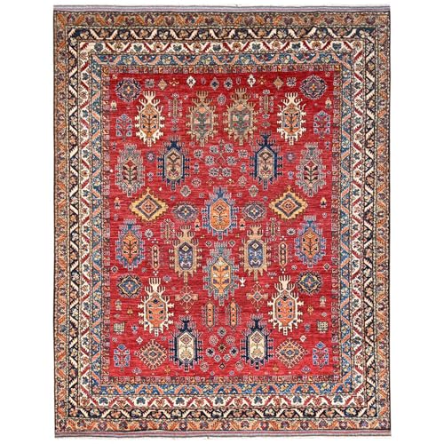 Shahbanu Rugs Red Afghan Ersari Caucasian Design Hand Knotted Oriental Rug, Soft Wool, 8'1"x9'9", Revival Style