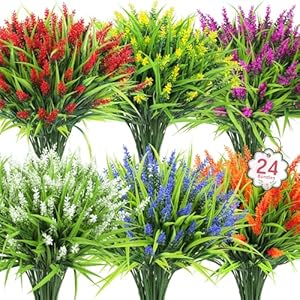 Ouddy Decor 24 Bundles Artificial Flowers for Outdoors, Fake Lavender Flowers Monkey Grass Faux Plastic Plants Shrubs UV Resistant for Porch Garden Window Box Office Home Decorations, Mixed