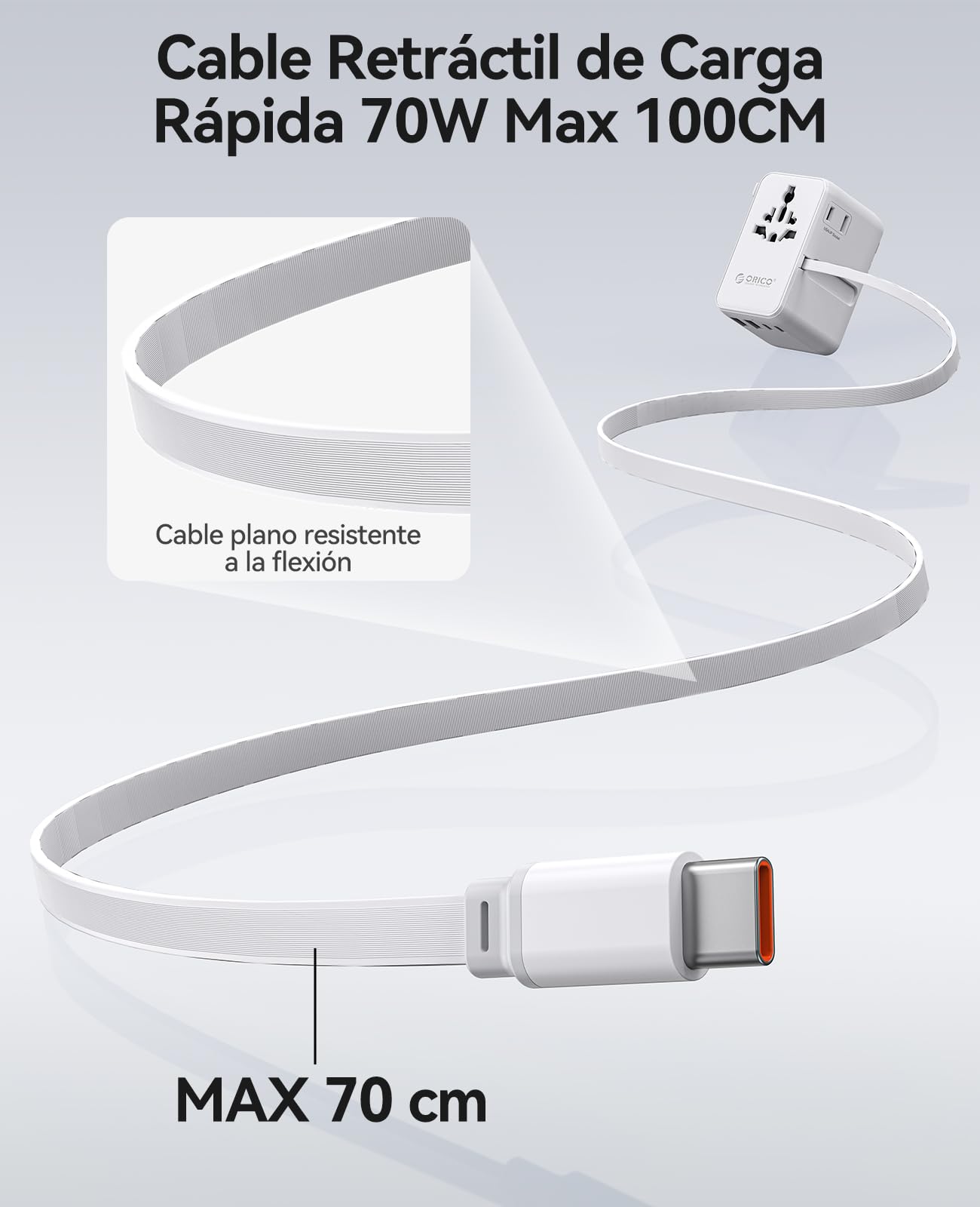ORICO GAN 100W Adaptador Viaje, Cable Retráctil, 2 Tomas AC + 5 USB, Blanco | Carga rápida para portátiles potentes; compatible en +200 países y regiones; diseño todo en uno; protección seguridad