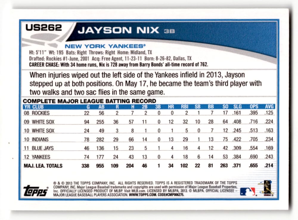 Amazon.com: 2013 Topps Update #US262 Jayson Nix Yankees MLB