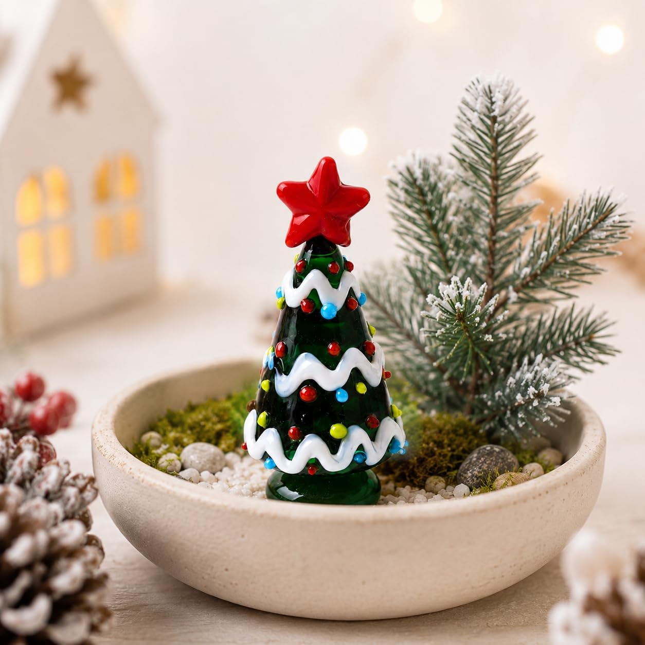 Mini Glass Christmas Tree Figurine, Handmade Holiday Tree Ornament with Star Top and Colorful Bead Details, Small Desktop Christmas Decor for Fairy Garden, Terrarium, Planter and Gift Box (SD01002)