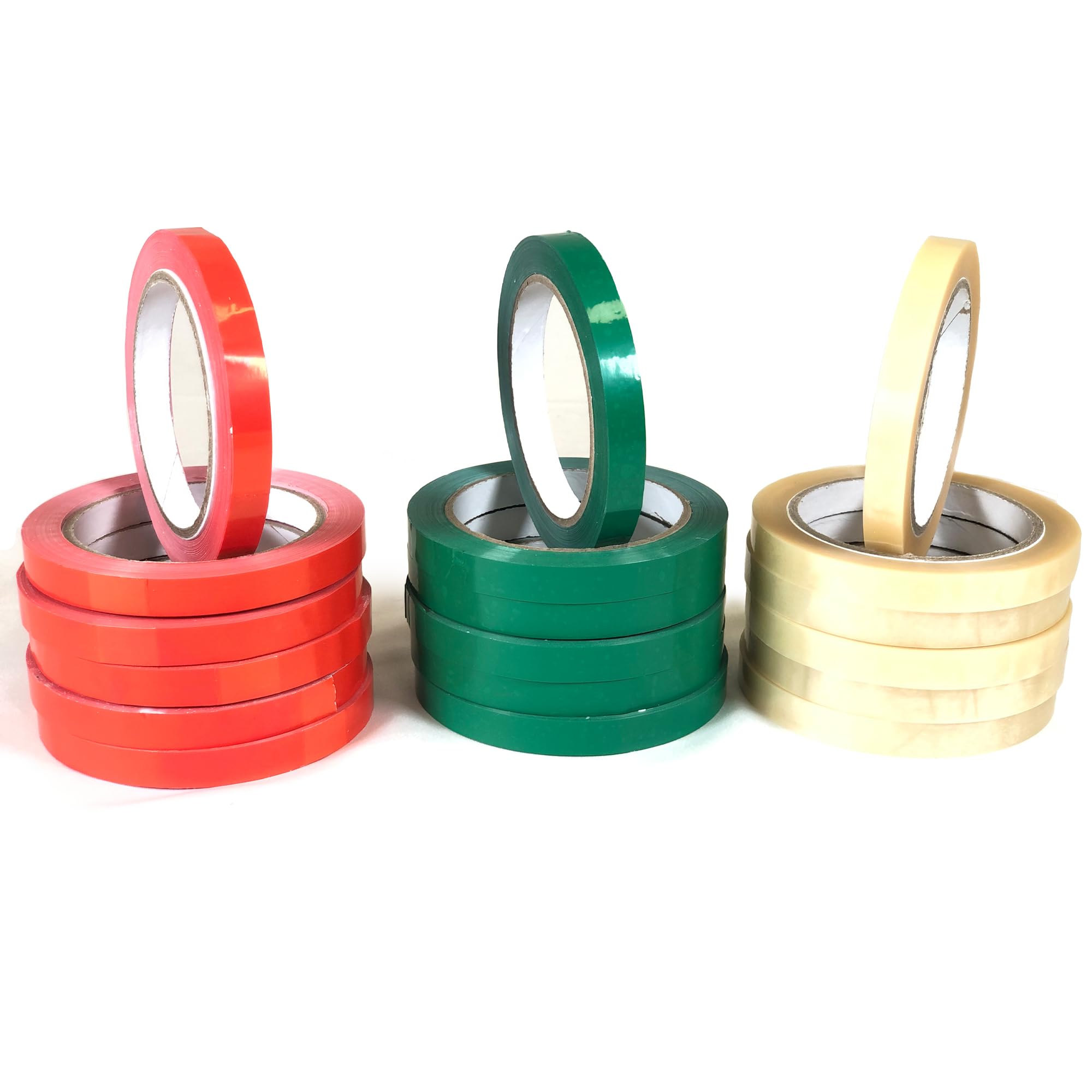 Pack de 12 Rollos de Cinta para Máquina Precintadora de Bolsas | Ancho 12 mm x Largo 66 metros | Color Verde