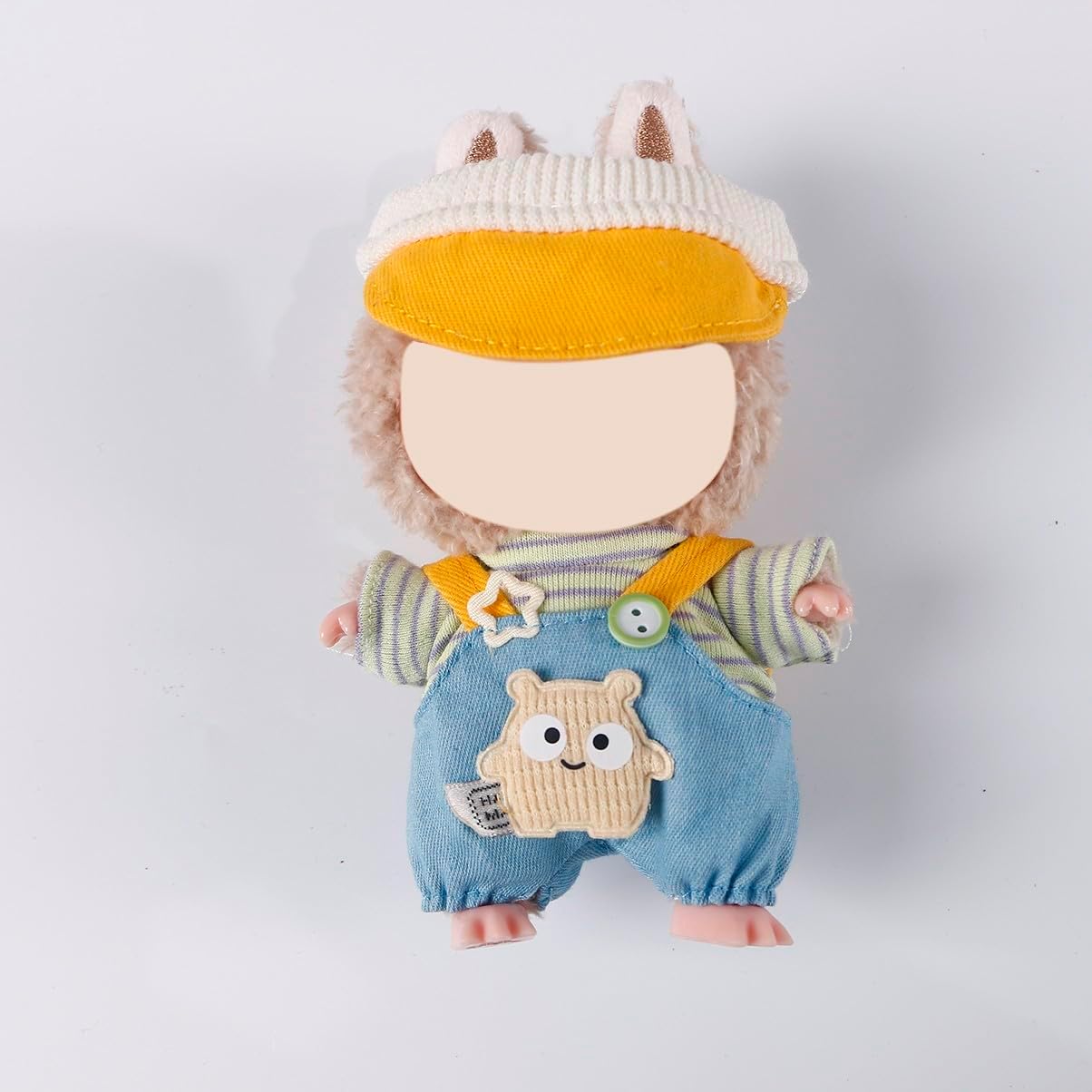 Compatible with Labubu 15cm/17cm (NO Doll) - Yellow Knit-Trim Cap, Light Green Striped Top & Bear-Patch Denim Overalls Outfit Set (Yellow & Blue)
