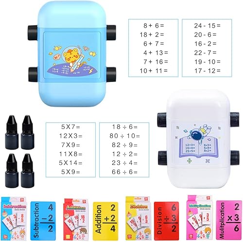 2 sellos de rodillo de matemáticas de doble cabeza con tinta, 2 en 1 suma resta  multiplicación de números de división de número, sello de enseñanza