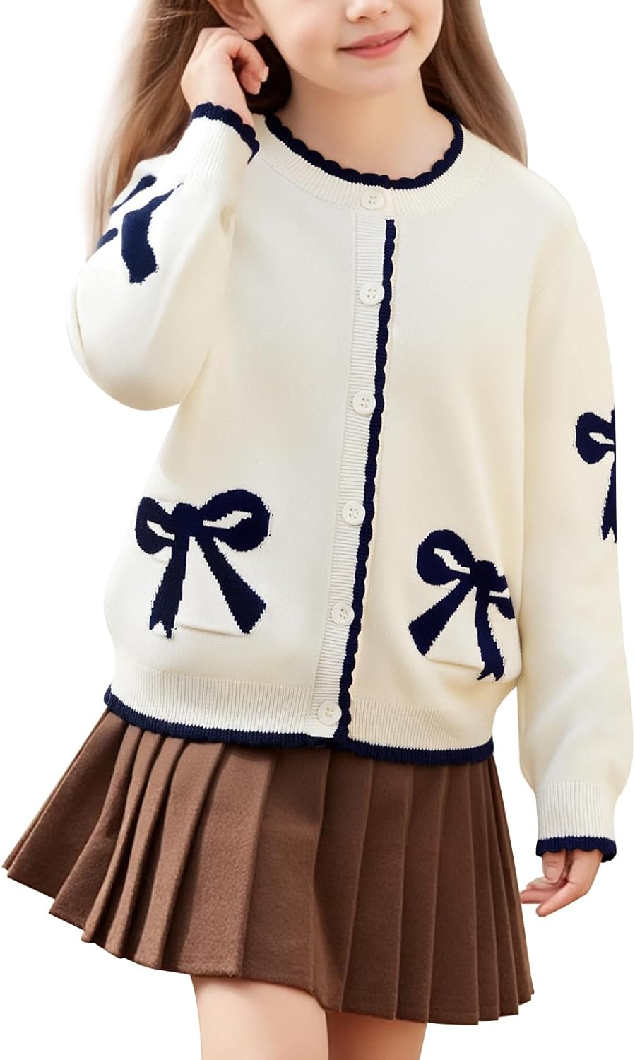 Danny D Girl Bow Sweater Cardigan Open Front Button Down Long Sleeve Knitwear Coat