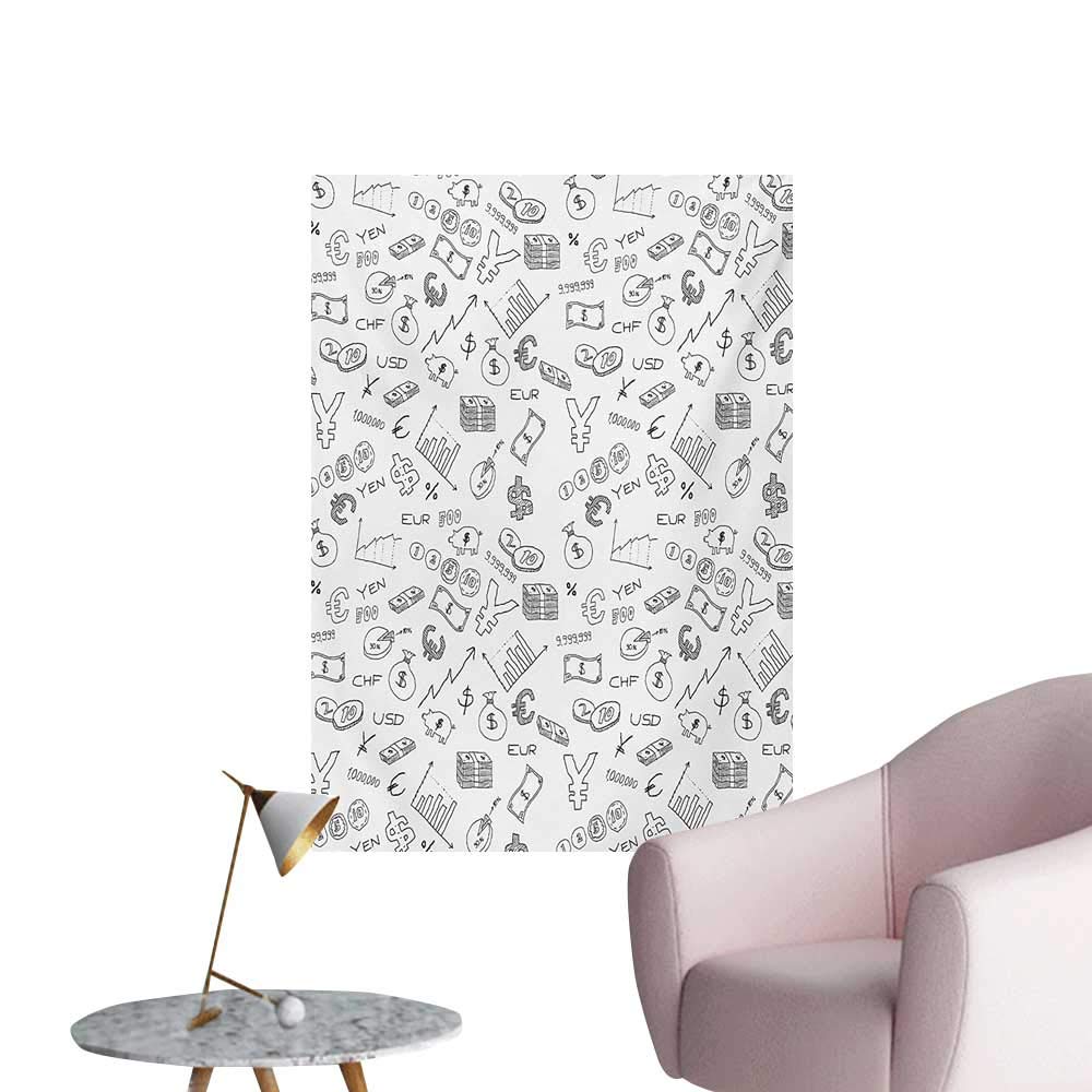 zhaoxuefa Money Photo Wall Paper Monochrome Pattern with Euro Dollar Yen Symbols Coins Piggy Bank Stock Graphs DoodleBlack White W32 xL36 Custom Poster