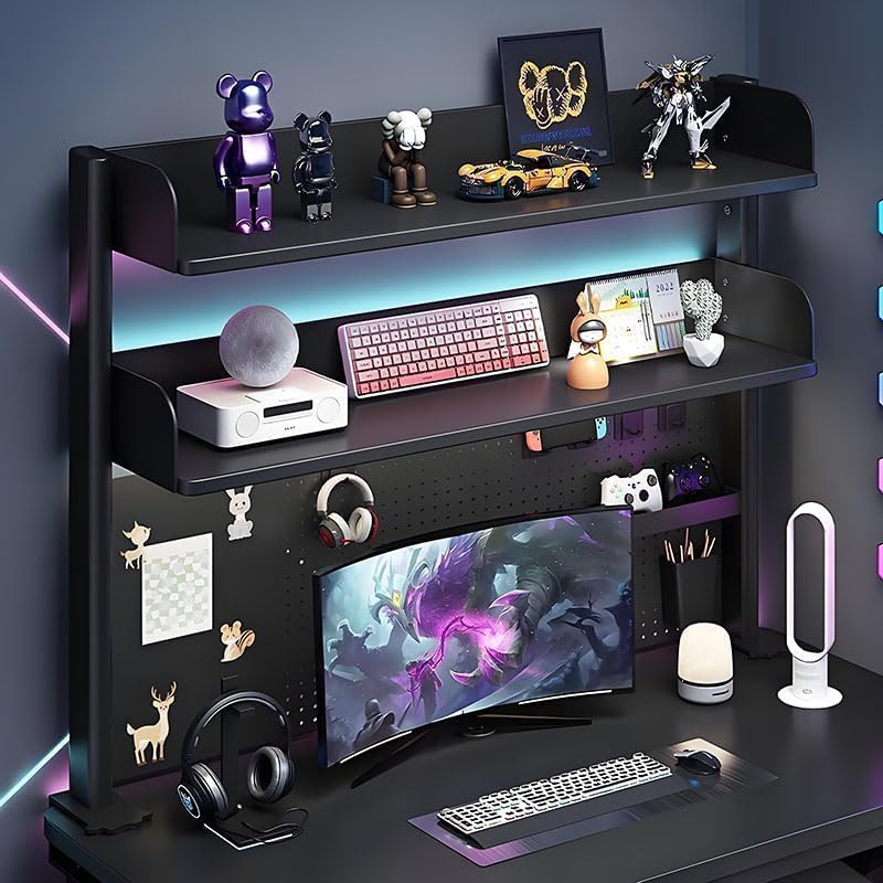 chssih clamp on desk pegboard shelf - metal desktop organizer hutch with 2 shelves for storage and display, desk add-on shelf for office, dorm, or computer monitor stand, black, 39.3in 39.3"