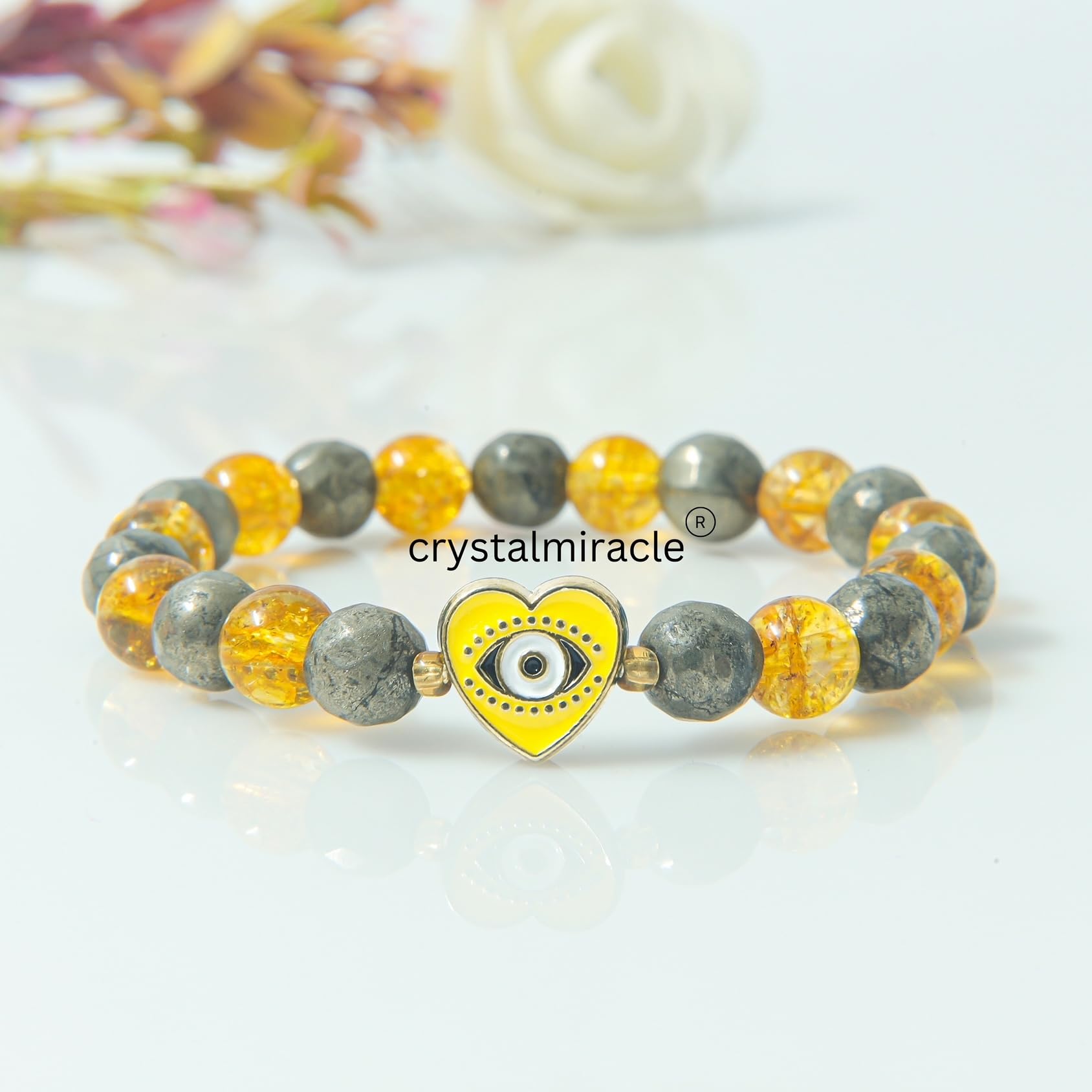 crystalmiracle Citrino 10 mm & Golden Pirite 8 Mm Bead Stretch String Fashion Accessorio Regalo Uomo Donna
