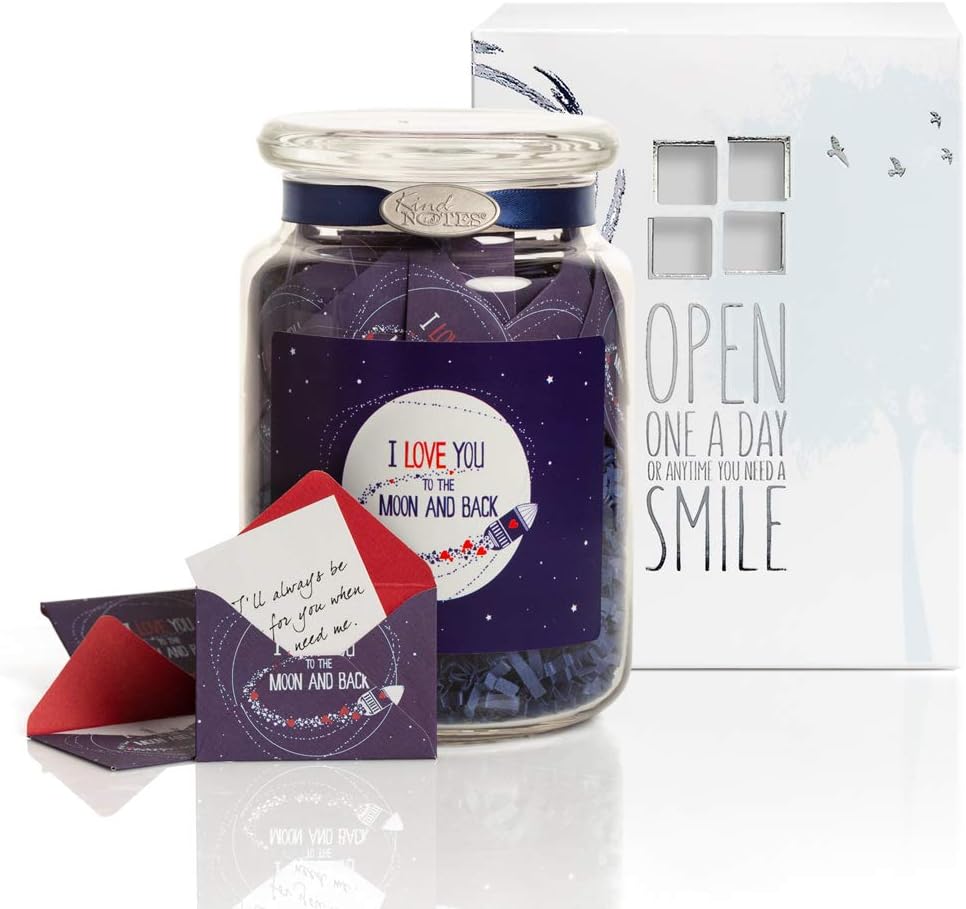 KindNotes Glass Keepsake Gift Jar with Romantic Love Messages (for Couples) - Moon and Back