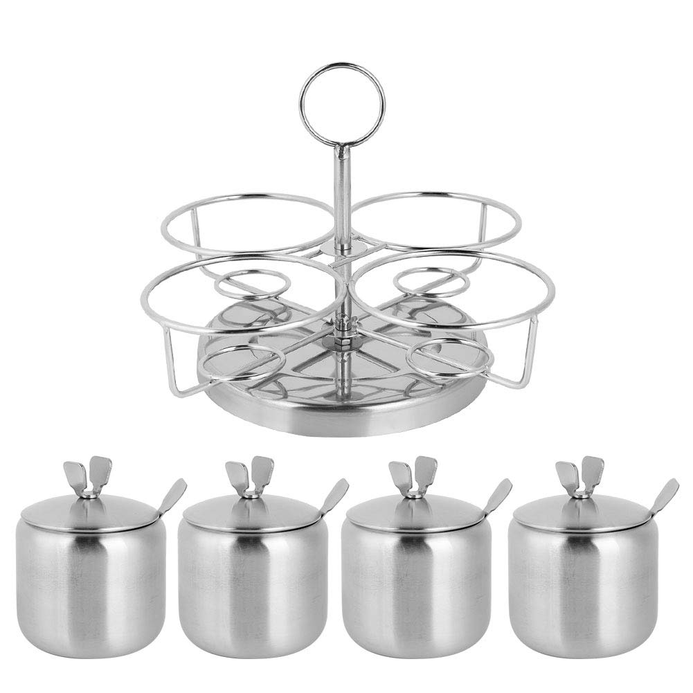Jerliflyer Stainless steel rotate spice jars,set of 4 spice shakers with spoon Lid, kitchen salt, pepper and sugar organizer