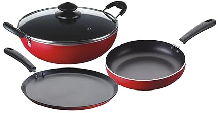 Bajaj Ceramic, Glass Majesty Duo Glass Non-Stick Cookware Set, 3 Pieces, Red