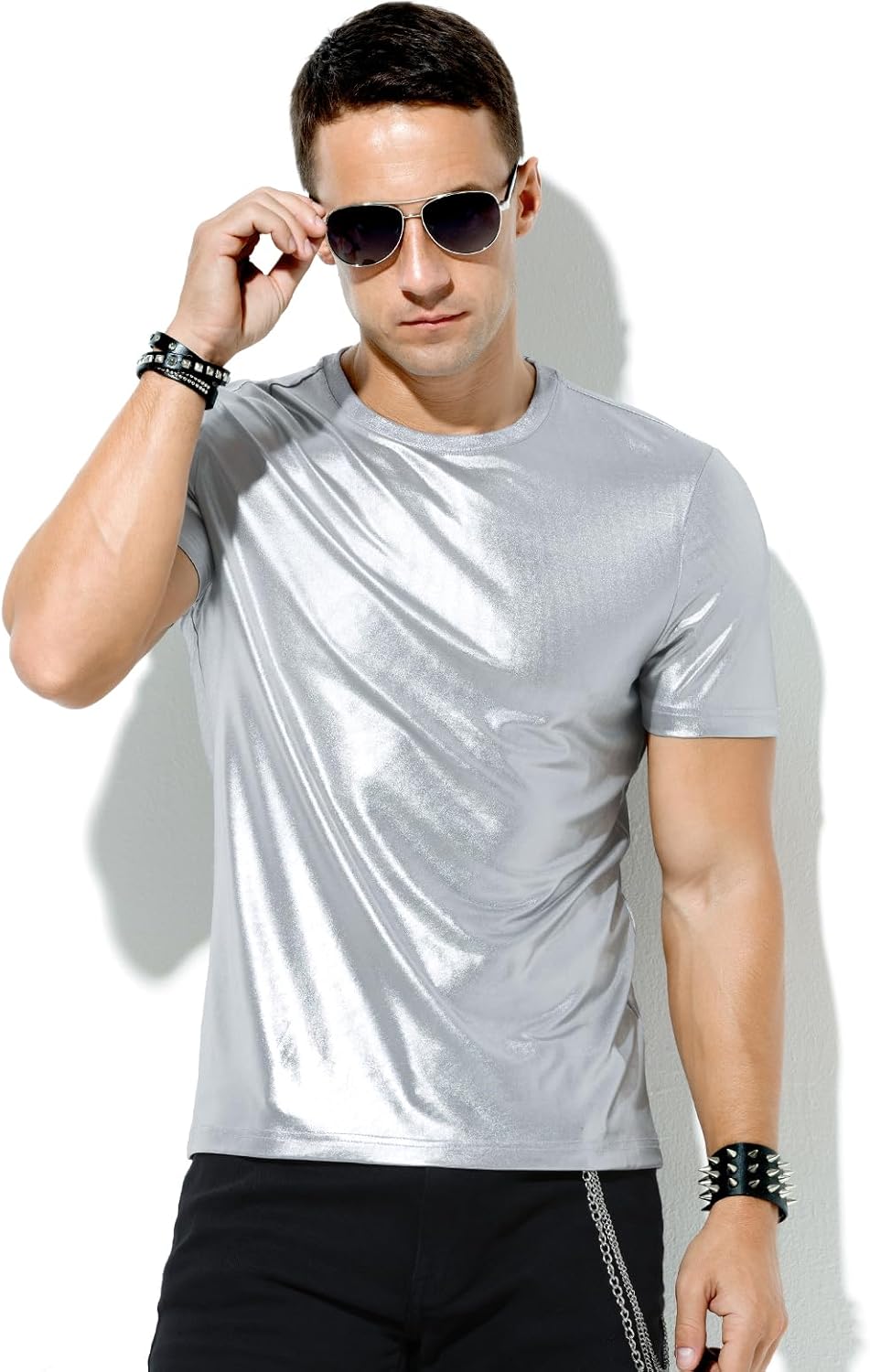 Arjen Kroos Men's Sexy Shiny Metallic T-Shirts Short Sleeve Sparkly Shirts Disco Holographic Tops - Image 4