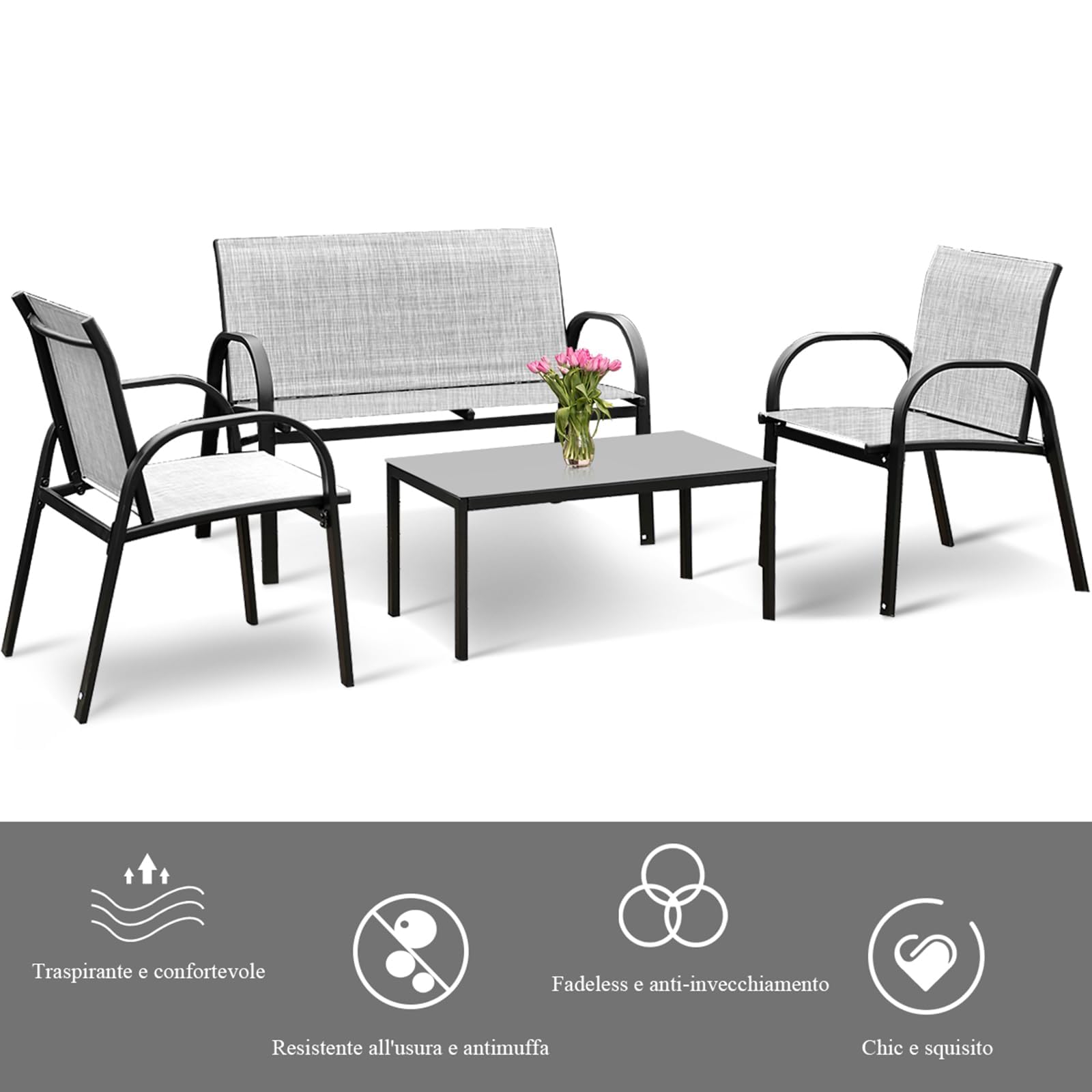 RELAX4LIFE Tavolo e Sedie da Esterno, Tavolino Salotto con Piano in Vetro, Telaio in Metallo, Panchina per Giardino in Tessuto Impermeabile e Anti-UV, Traspirante, Set di 4 Mobili per Esterno (Grigio)