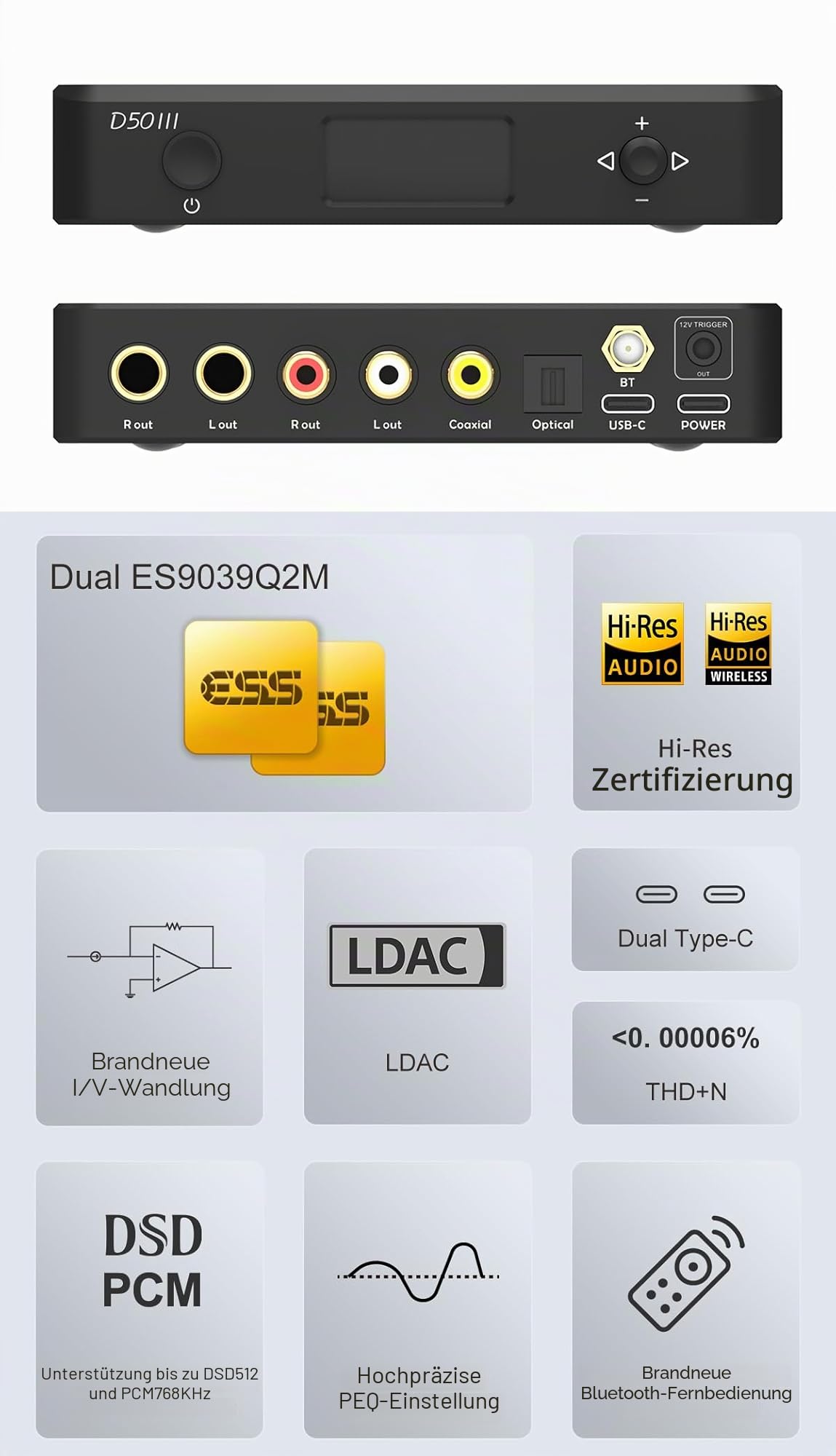 TOPPING D50 III DAC Vorverstärker, 2x ES9039Q2M, Bluetooth 5.1 LDAC | USB-C/BT/OPT/COAX-Eingänge, 6.35mm TRS/RCA-Ausgänge, PCM 768kHz & DSD512, 10-Band PEQ, 12V-Trigger, Fernbedienung
