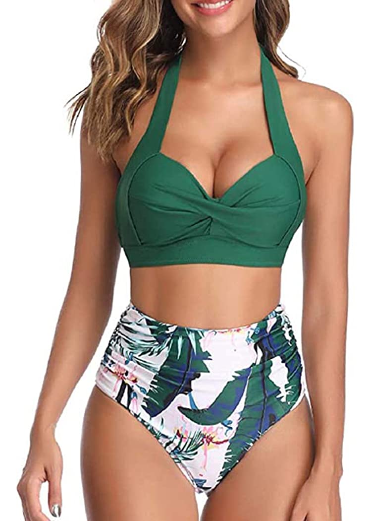 Davicher Mujer Conjuntos de Bikini Cintura Alta Conjunto de Bikini de Dos Piezas con Pliegues Halter Push Up Arriba Trajes de baño Retro Ropa de Playa