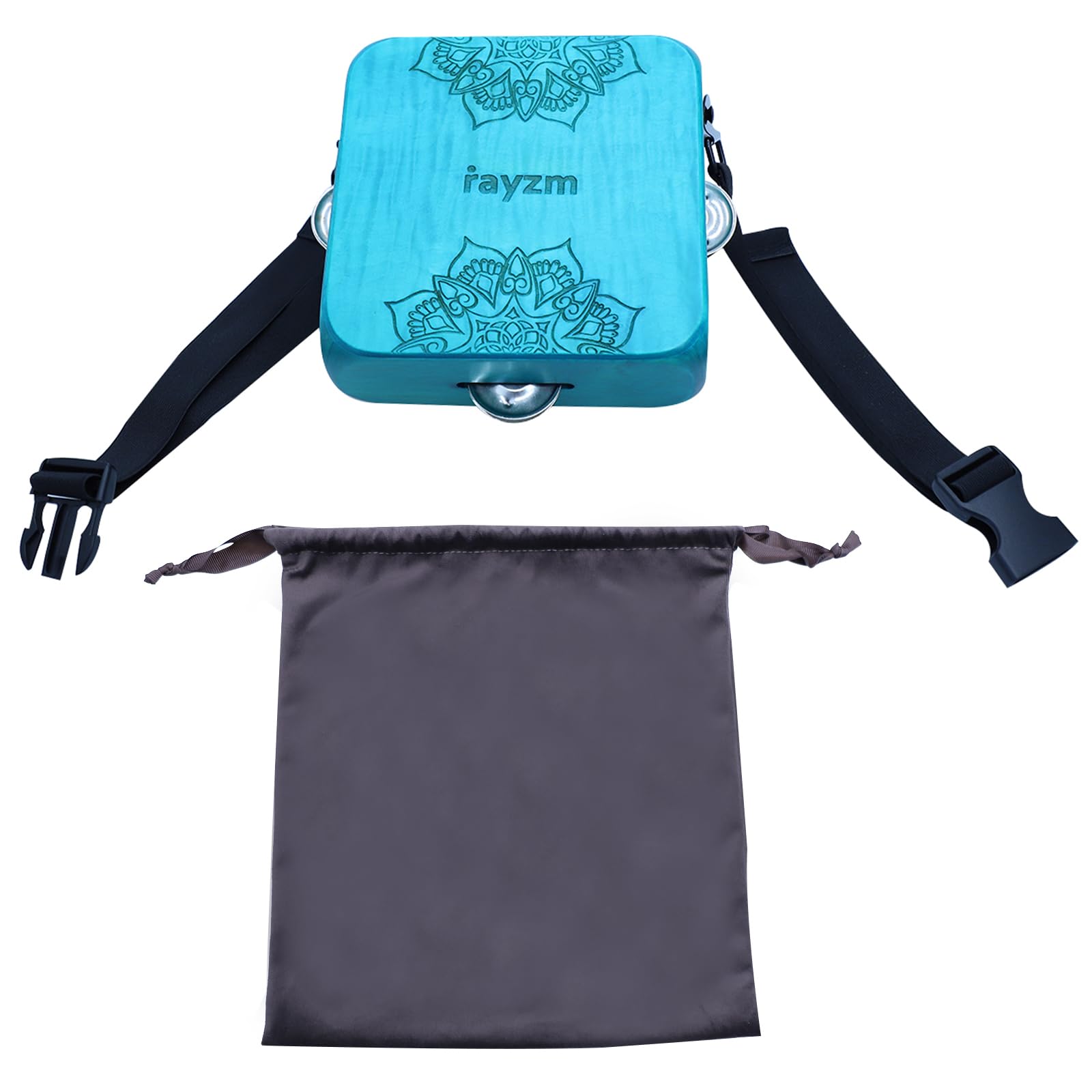rayzm Mini Cajon con Tamburello, Strumento Ritmico Portatile in Legno d’Acero con 2 Zone Sonore, Sonagli Integrati, Cinghia Regolabile per Vita o Gamba, con Borsa