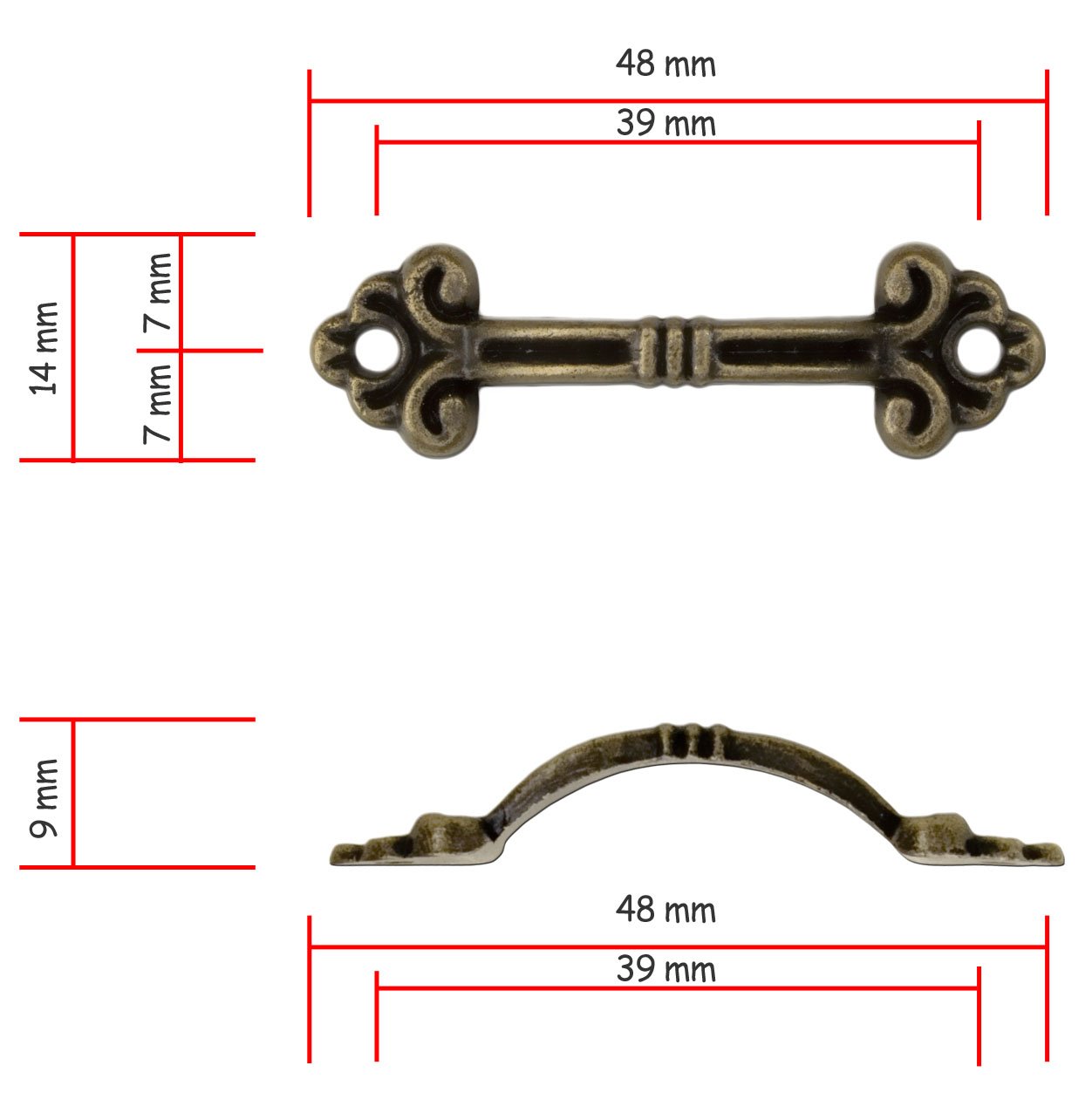 FUXXER®, 12 piccole maniglie anticate, per cassette, scatole, cassettini, cassapanche, design vintage dall’effetto bronzo anticato, 4,8 x 1,4 cm, set da 12 pezzi, con viti