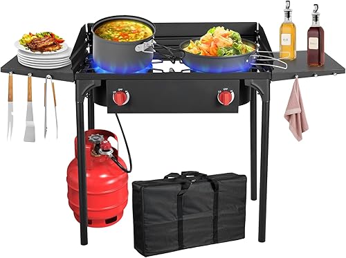 Llamaviva - Estufa de propano de 2 quemadores con panel de viento, estufa de camping con estantes laterales, quemadores de propano de 150000 BTU,