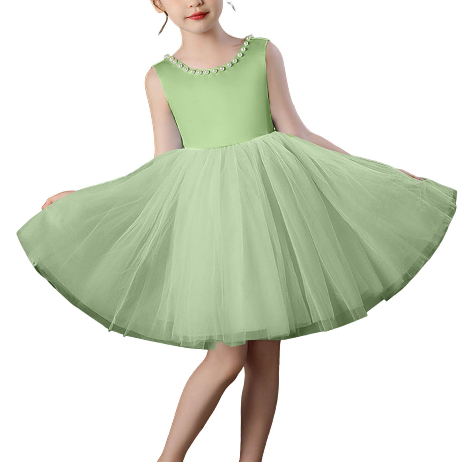 Vestido Invitada Boda para Niña Cuello Redondo Adornado con Perlas Vestidos Sin Mangas de Tul Cintura Alta Línea A Elegante Vestido Princesa para Boda Fiesta de Cumpleaños Comunión Noche 4-12 Años