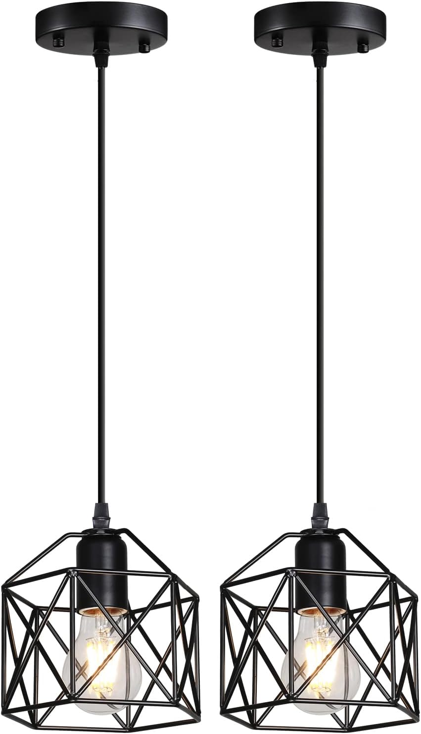 2 Pack 1 Light Vintage Hanging Light Pendant Light Fixture Farmhouse Basket Cage Hanging Ceiling Light，for Kitchen Island Dining Restaurant Room Hallway Hotel Bar Base Black Edison E26…