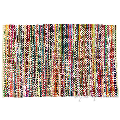 Eyes Of India - 3 X 5 Ft Multicolor Colorful Chindi Woven Area Rag Rug White Rug Braided Boho Chic Decorative Indian Bohemian Accent Handmade Handwoven #TOP3