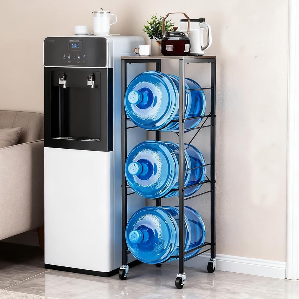 5 gallon water jug holder - 3-tier water jug rack with wheel reinforced x-shape design, 5 gallon water jug stand with storage shelves for kitchen, living room, office