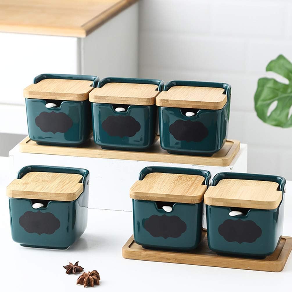 Square Condiment Container with Spoon Tray Ceramic Seasoning Box Salt Jars Sugar Condiment Pots-A