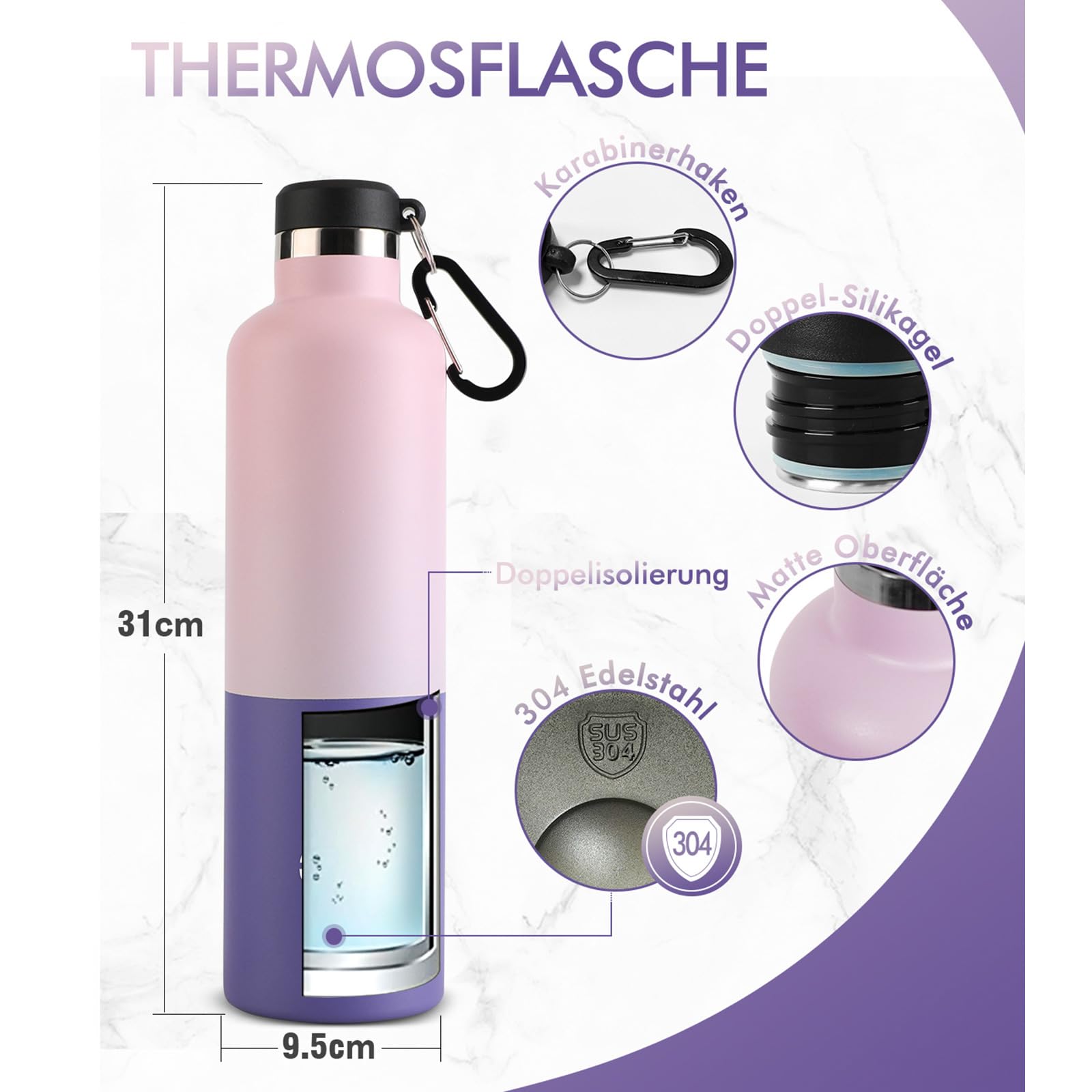 FEIJIAN Borraccia Termica in Acciaio Inox 750ml/1L + Zaino, Facile da pulire, Bottiglia Termica Senza Perdite - Senza BPA Borracce, per Scuola, Sport, Campeggio, Yoga, Palestra