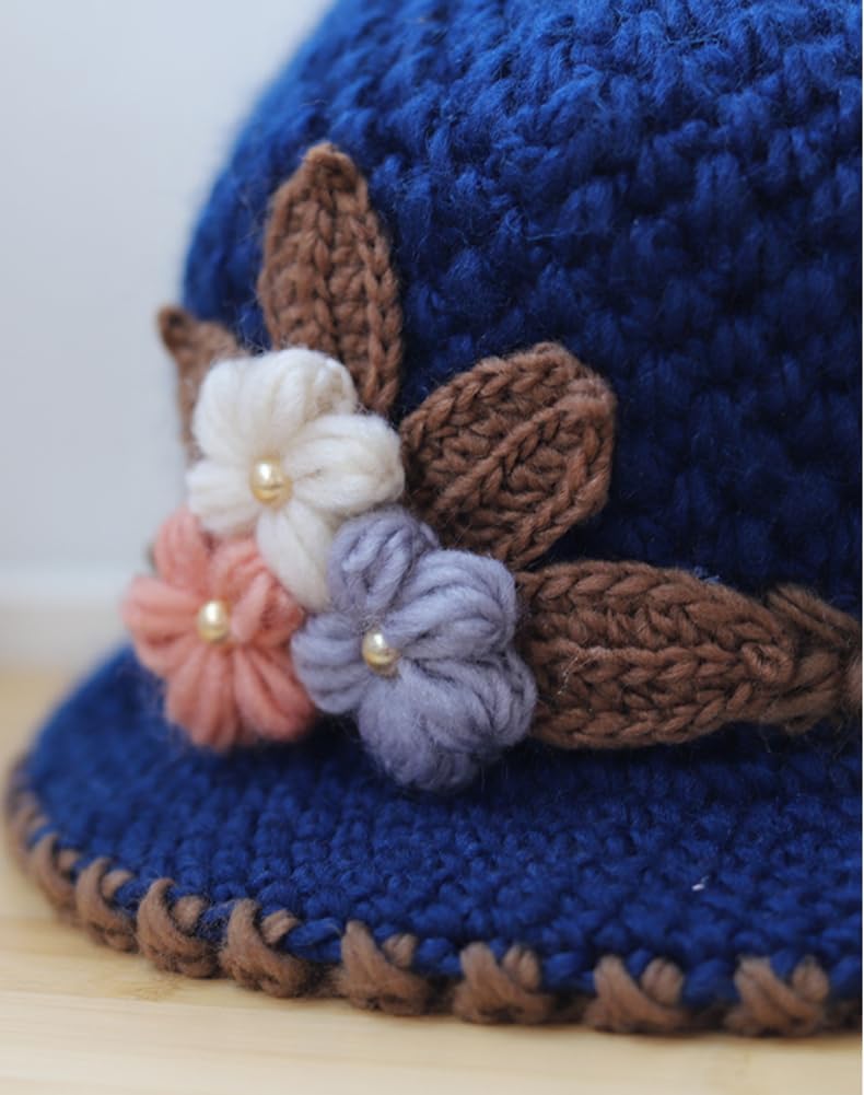 Flower Knit Crochet Fuzzy Bucket Hat Women Winter Warm Beanies Hat Furry Plush Faux Fur Fishing Skull Cap Fishman Hats