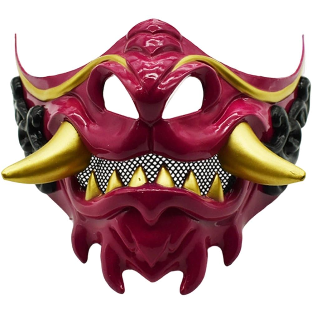 Sanfly Men's Red Samurai Oni Half Face Masks Plastics Hannya Mask Japanese Mask For Halloween Costume Cosplay Party Props