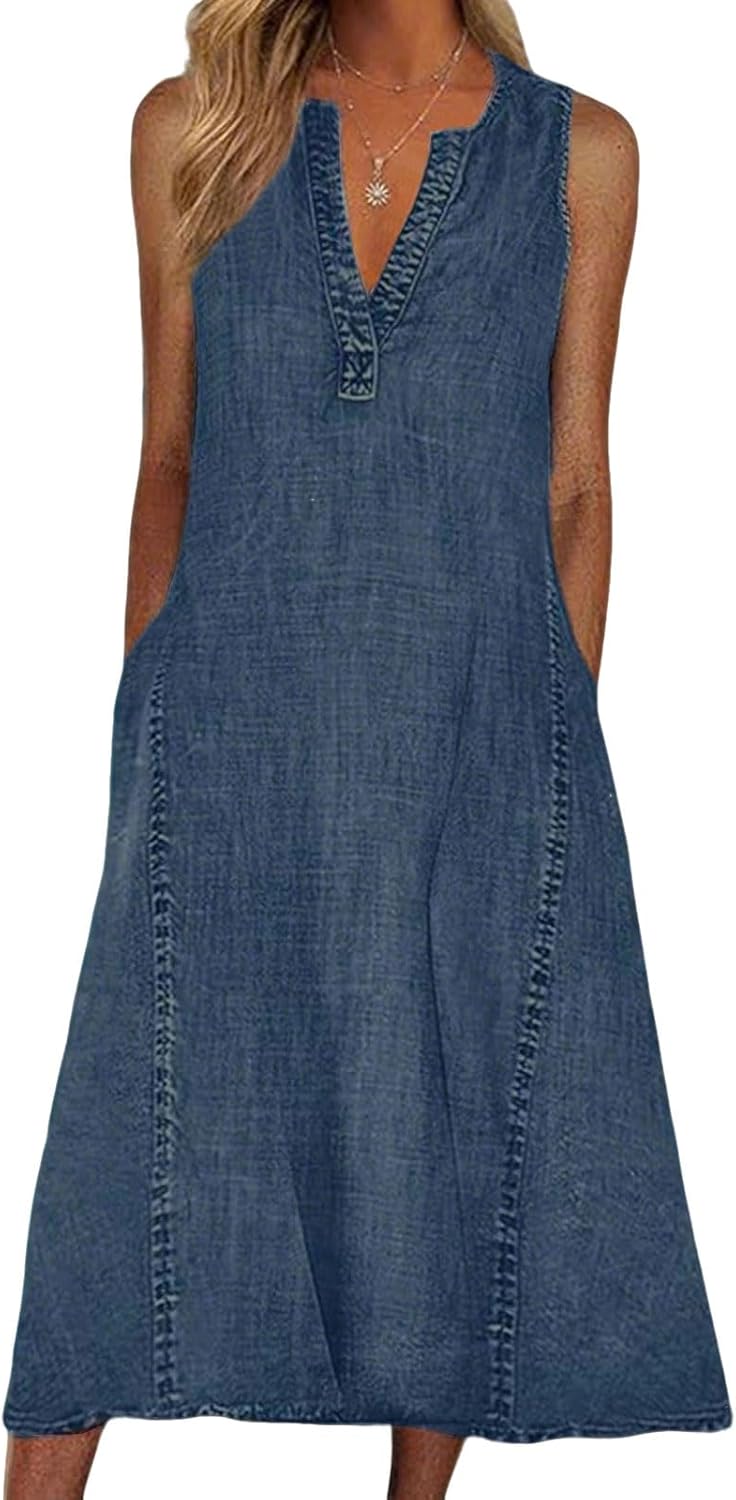 loveimgs Women Summer Sleeveless Denim Midi Dress Jean Jumper A Line Tunic Sundress Western Long Shift Tank Dress 2025