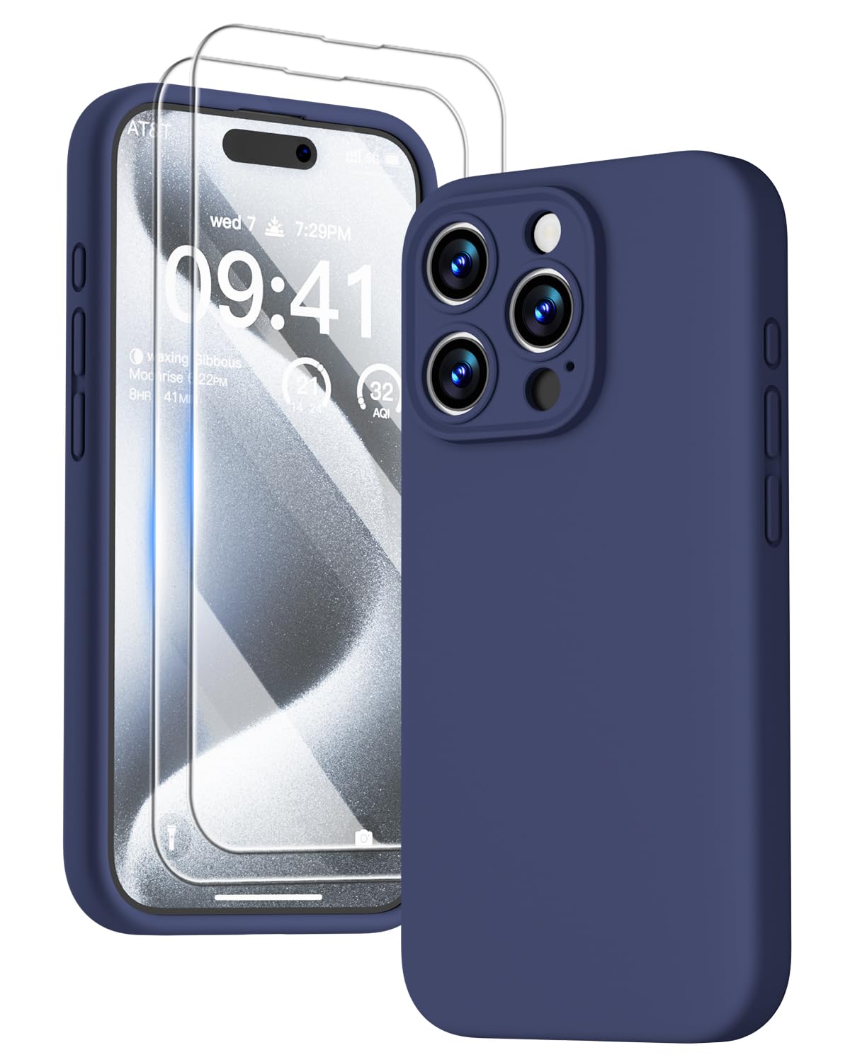 GOODVISH 3 in 1 Silicone Cover per iPhone 15 Pro 6.1" (2023), Custodia con 2 Pellicola Protettiva, Case per Cellulare Ultra Sottile Antiurto Resistente [Protezione Fotocamera], Blu Navy