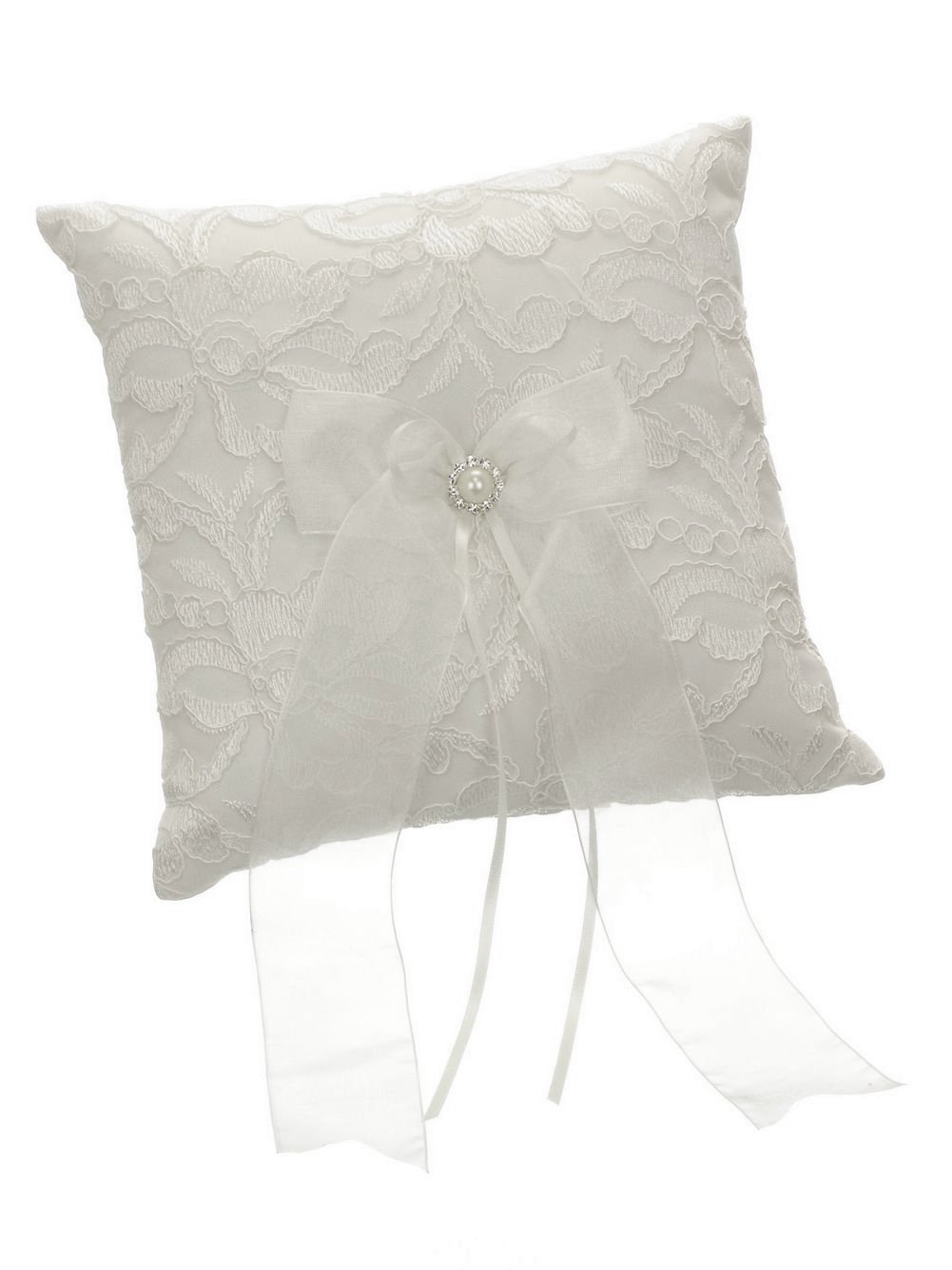 DivaDesigns Floral Embroidery Chiffon Ribbon Crystal Framed Faux Pearl Wedding Ring Pillow Ivory