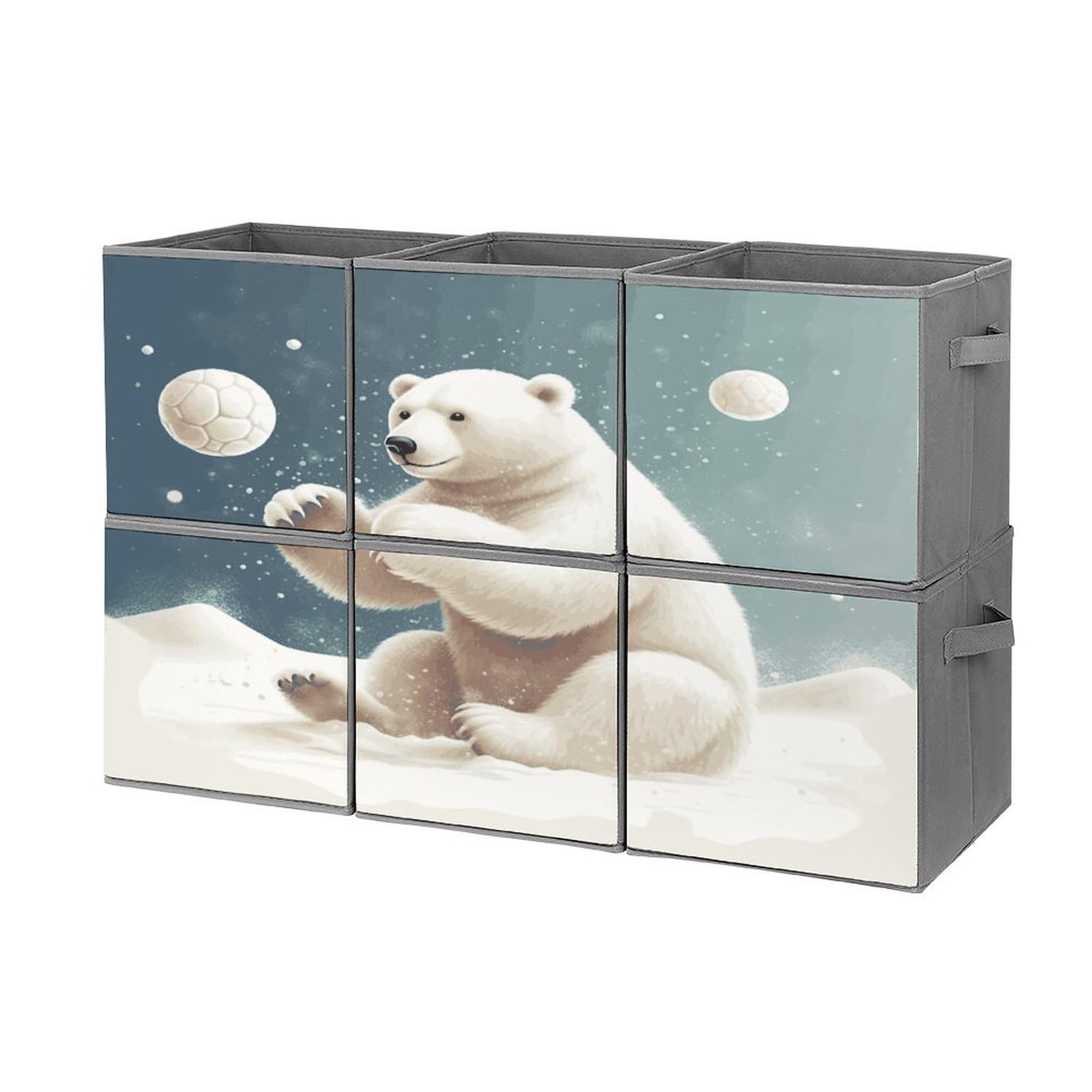 Fekiloot Style Funny Polar Bear Playing Snowball Storage Bin For Foldable And Handles,Closet Organizer Of 6-Pack Stackable,Storage Box For Living,Room, Office,Bedroom,Closet